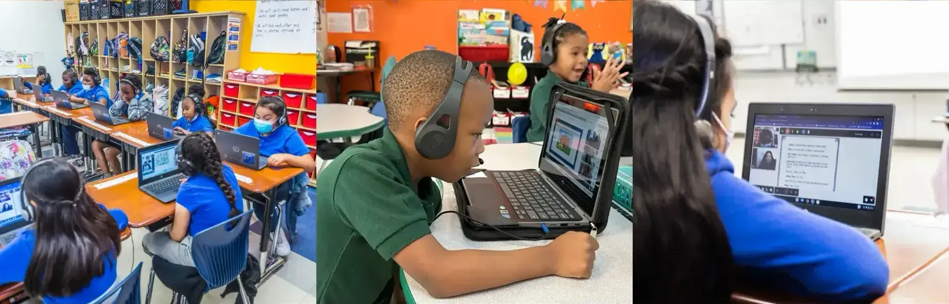 students wearing headphones and sitting at laptops students wearing headphones and sitting at laptops